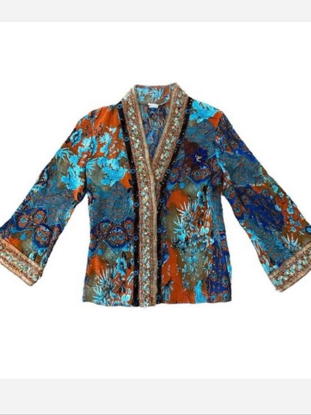 EUC ALBERTO MAKALI ASIAN PRINT BEADED CARDIGAN SIZE XL